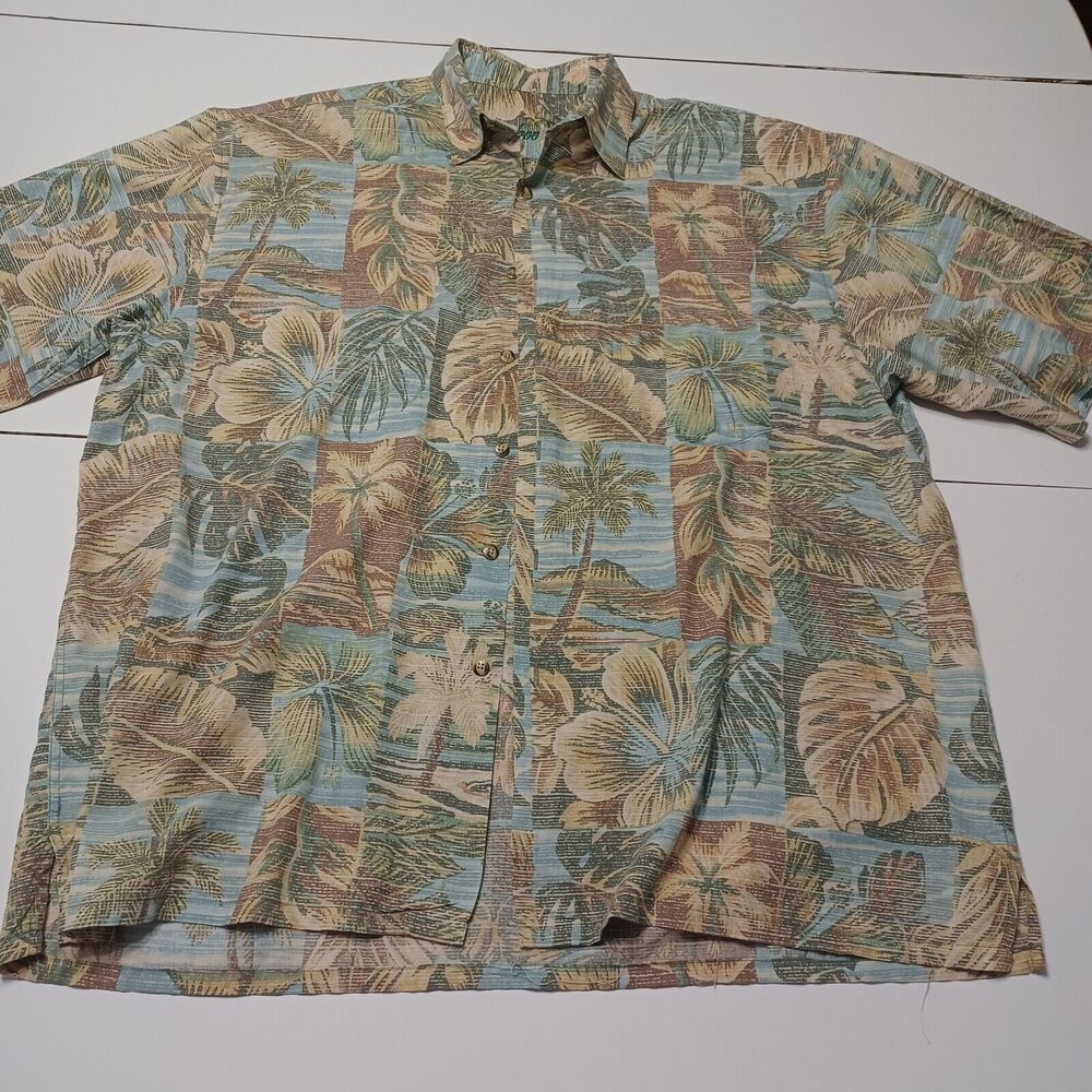 Bamboo Cay Button Up Men Lg Shirt Tan‎ Palm Tree Short Sleeve Cotton Modal Blend